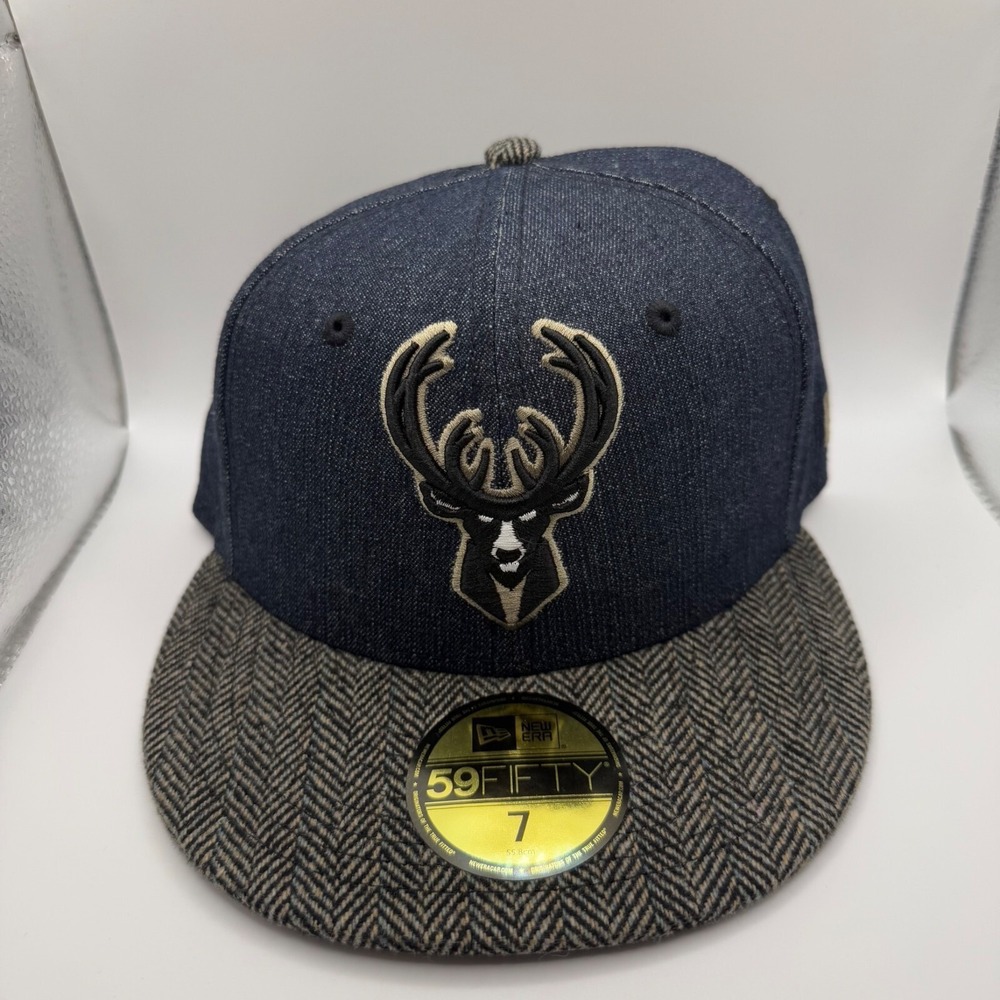 New Era 59Fifty Milwaukee Bucks Blue Denim/Tweed‎ Fitted Hat Size 7 New